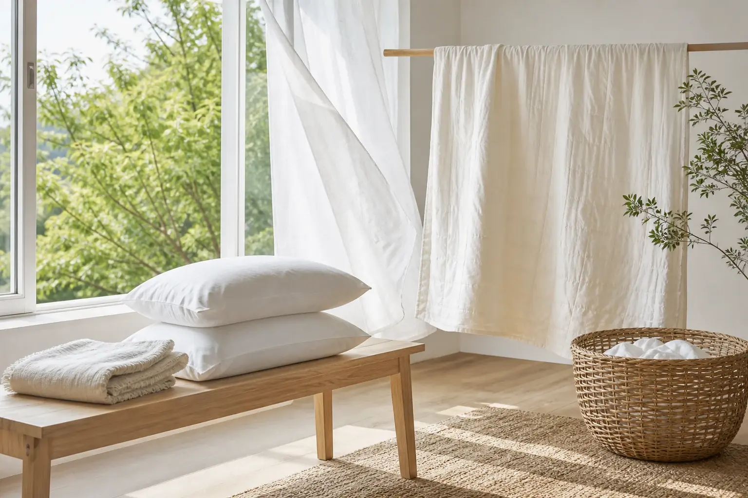 夏用寝具のカバーと薄掛け布団を自然光のもとで乾かす、清潔感のある生活シーン（イメージ）